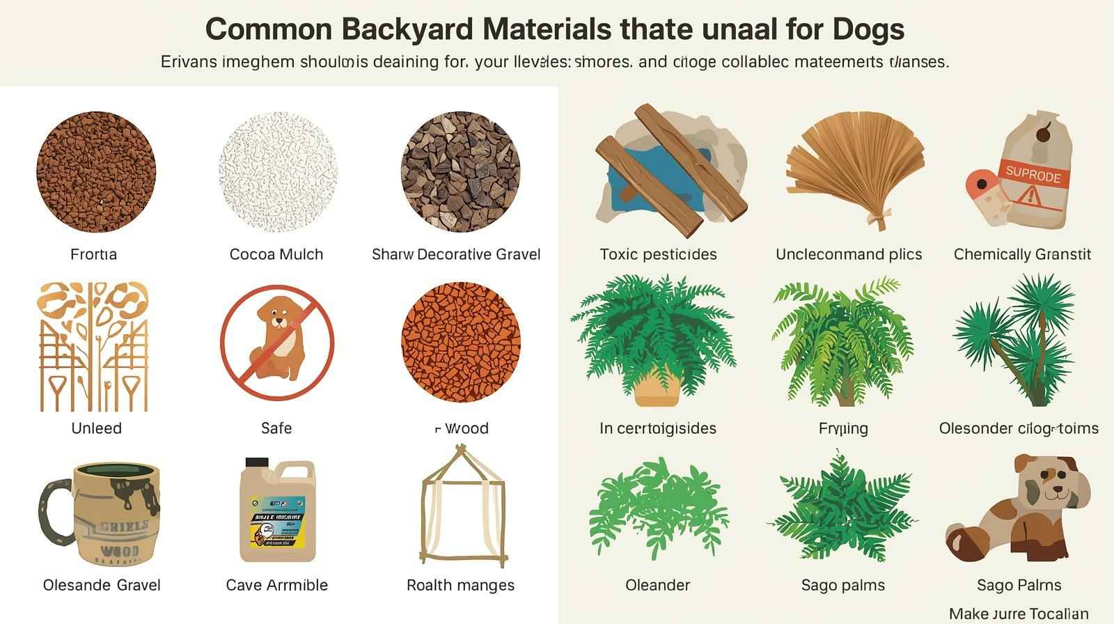 An infographic showing various garden materials like toxic pesticides, Sago palms, and sharp gravel that are unsafe for dogs.