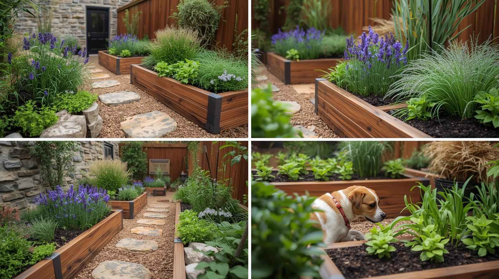 A dog exploring a lush sensory garden with raised wooden planters filled with lavender, ornamental grasses, and a stone-paved walking path.