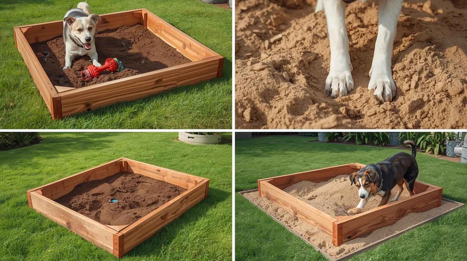 A small dog happily playing in a square wooden sandbox filled with clean sand, located on a manicured green lawn.