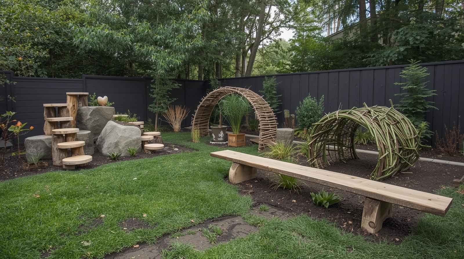 A backyard agility course featuring a wooden bridge, a willow-branch tunnel, and stepping stones made from natural logs.