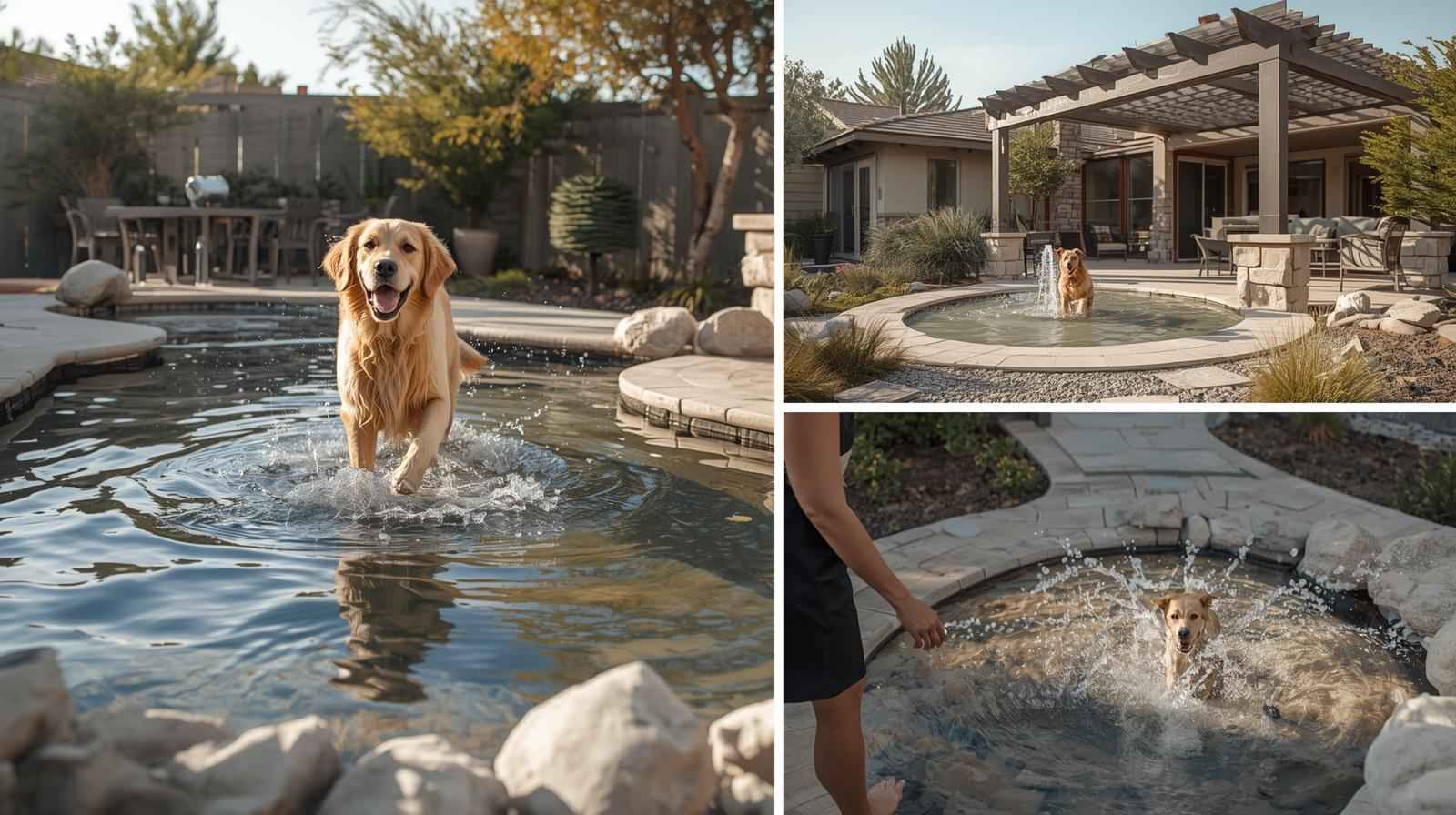 A Golden Retriever jumping through a shallow, stone-lined backyard water fountain and splash pad.